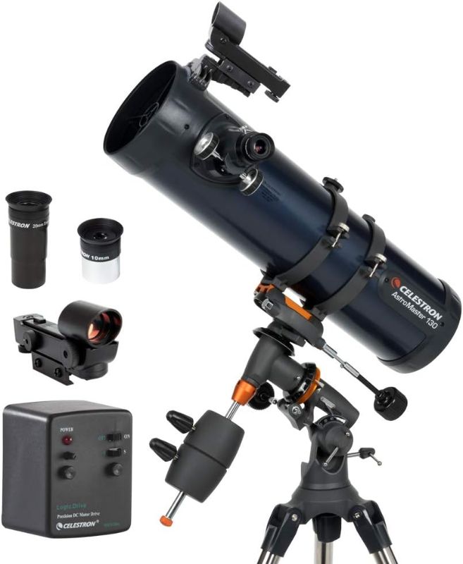 Photo 1 of Celestron - AstroMaster 130EQ-MD Newtonian Telescope - Reflector Telescope for Beginners - Fully-Coated Glass Optics - Adjustable-Height Tripod - BONUS Astronomy Software Package 130EQ Newtonian w/Motor Drive 130EQ Newtonian w Motor