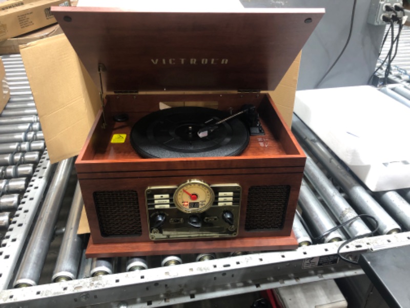 Photo 2 of Victrola Nostalgic 6-in-1 Bluetooth Record Player & Multimedia Center with Built-in Speakers - 3-Speed Turntable, CD & Cassette Player, FM Radio | Wireless Music Streaming | Mahogany Mahogany Entertainment Center