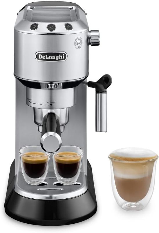 Photo 1 of **DOES NOT FUNCTION**De'Longhi Dedica EC680M, Espresso Machine, Coffee and Cappucino Maker with Milk Frother, Metal / Stainless, Compact Design 6 in Wide, Fit Mug Up to 5 in
