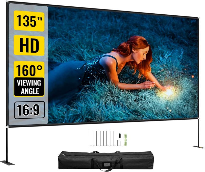 Photo 1 of VEVOR Movie Screen with Stand 135inch Portable Projector Screen 16:9 4K HD Wide Angle Projector Screen with Stand Easy Assembly with Storage Bag for Both Indoor and Outdoor Use