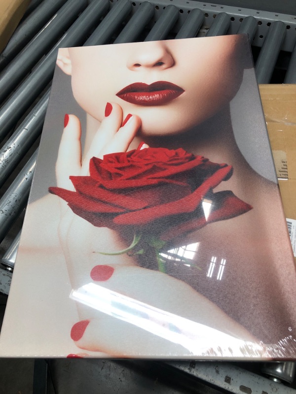Photo 2 of **ONE PICTURE** Kreative Arts 3 Piece Canvas Print Beauty Fashion Woman Portrait with Red Rose Flower Red Lips and Nails Wall Art Luxury Makeup and Manicure Poster Framed Art Work for Spa Salon