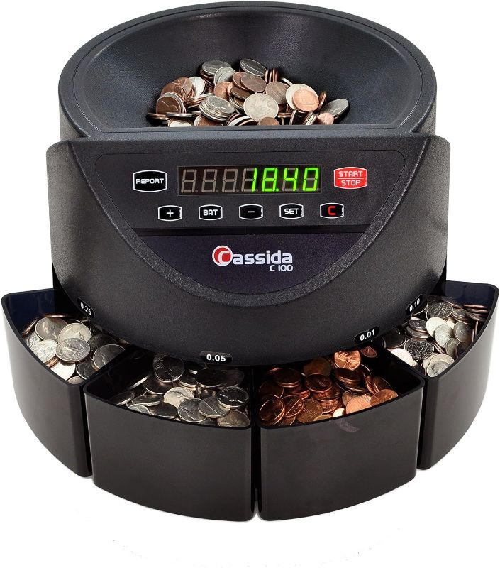 Photo 1 of Cassida C100 Electronic Coin Sorter/Counter, Countable Coins 1¢, 5¢, 10¢, 25¢, 250 Coins/min, 110 VAC & 6600 UV/MG – USA Business Grade Money Counter with UV/MG/IR Counterfeit Detection Coin Sorter + Money Counter 6600 UV/MG