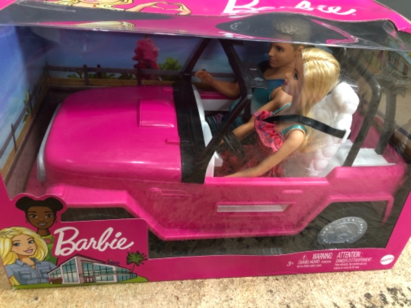 Photo 2 of Barbie Beach Cruiser Set with Barbie and Ken Dolls, Pink 2-Seater Toy Car with Open Roof