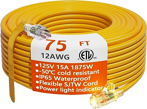 Photo 1 of 12/3 Gauge Heavy Duty Outdoor Extension Cord 75 ft Waterproof with Lighted end, Flexible Cold-Resistant 3 Prong Electric Cord Outside, 15Amp 1875W 12AWG SJTW, Yellow, ETL HUANCHAIN
