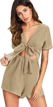 Photo 1 of Aoysky Rompers for Women Dressy Casual Tie Front Summer Beach Outfits V Neck Shorts Romper