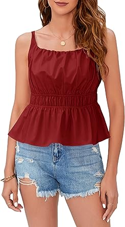 Photo 1 of Carryvicty Summer Peplum Tank Tops for Women Cute Square Neck Sleeveless Pleated Shirt Cropped Spaghetti Strap Camisole Tops