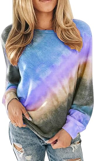 Photo 1 of FARYSAYS Women's Tie Dye Color Block Crewneck Long Sleeve Casual Loose Pullover Sweatshirt Tops