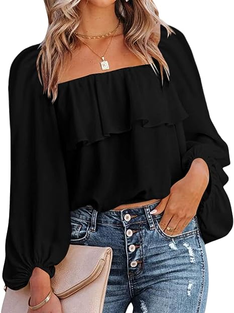 Photo 1 of Koodred Women's Lantern Sleeve Blouses Square Neck Ruffle Hem Tops Loose Long Sleeve Shirt Tops