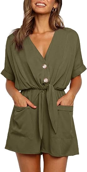 Photo 1 of Ivay Womens V Neck Summer Floral Romper Button Tie Front Short Sleeve Rompers Elastic Waist Shorts Jumpsuit with Pockets