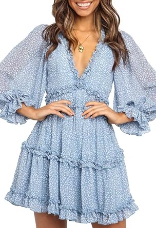 Photo 1 of Dokotoo Womens 2023 Spring Summer Deep V Neck Ruffle Long Sleeve Floral Print Mini Dress XL
