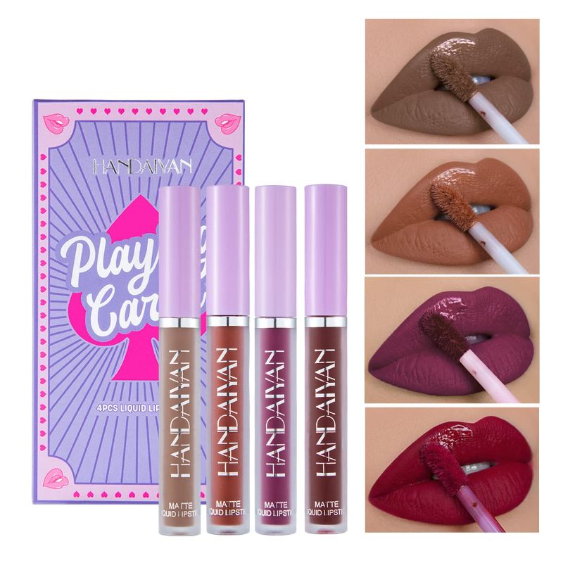 Photo 2 of 4Pcs Matte Liquid Lipstick Makeup Set Kit, Long Lasting Waterproof Non-Stick Cup Velvet Matte Lip Gloss Set, Pigmented Lip Makeup Gift Sets for Girls and Women(Set 4