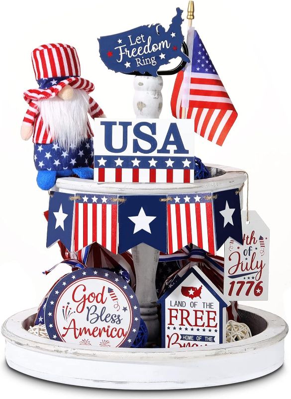 Photo 2 of 10 Pieces 4th of July Tiered Tray Decor Farmhouse Mini Wood Signs Decorations for 4th of July Birthday Summer Party Decoration(Patriotic Style)
