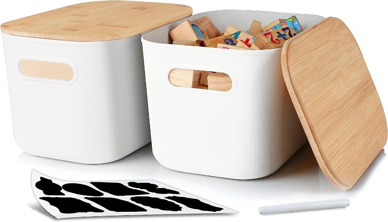 Photo 1 of 2 Plastic Storage Bins with Bamboo Lids White Storage Box with Handle Stackable 