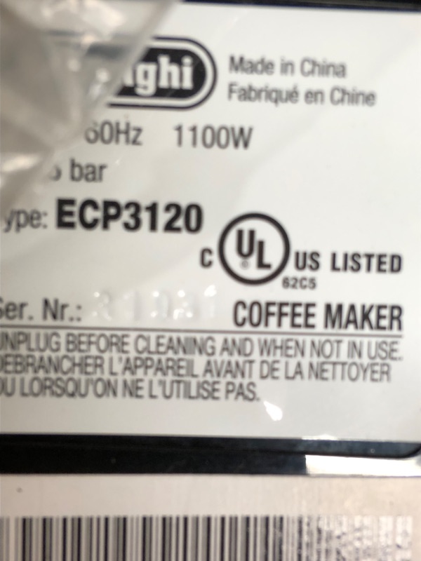 Photo 2 of [FOR PARTS, READ NOTES]
De'Longhi ECP3120 15 Bar Espresso Machine with Advanced Cappuccino System, 9.6 x 7.2 x 11.9 inches, Black/Stainless Steel