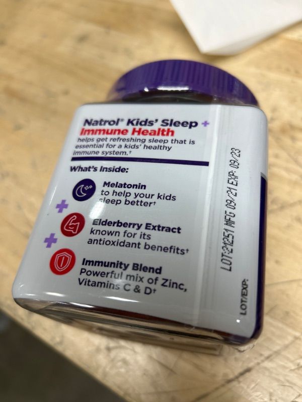 Photo 1 of **EXP DATE: 09/2023
Natrol Kids Sleep+ Immune Health, Drug Free Sleep Aid and Immunity Support, Dietary Supplement, Melatonin, Zinc, Vitamin C and D, Elderberry, 50 Berry Flavored Gummies 50.0 Servings (Pack of 1) Sleep+ Immune Health