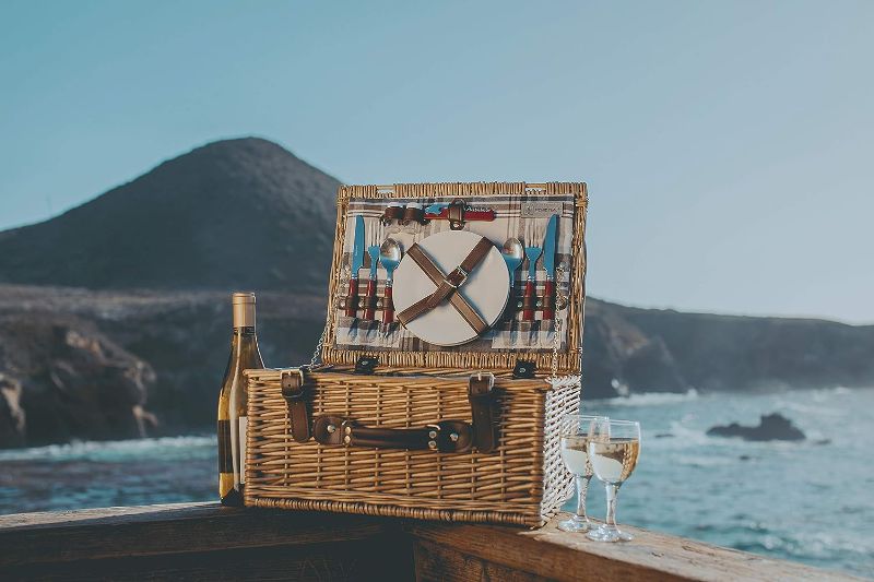 Photo 1 of **ONE GLASS CUP IS MISSING
PICNIC TIME - Bristol Picnic Basket for 2, Wicker Picnic Basket - Picnic Set, (Navy Blue & Burgundy Plaid Pattern)

