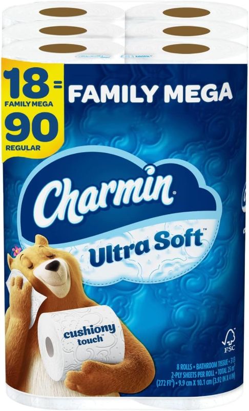 Photo 1 of **ONE PACK MISSING ***
Charmin Ultra Soft Cushiony Touch Toilet Paper, 18 Family Mega Rolls = 90 Regular Rolls
