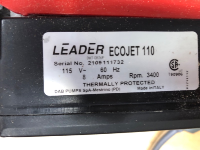 Photo 6 of **HEAVY USE***POWERS ON***
Leader Pumps HGC727978 Ecotronic 110 1/2 HP Jet 960 GPH Water Pump, Red/Black
