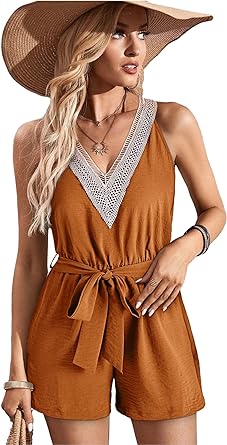 Photo 1 of *MEDIUM**
ZABERRY Women Casual Loose Backless Sexy V Neck Summer Tank Tops Tie Wasit Short Rompers with Pockets