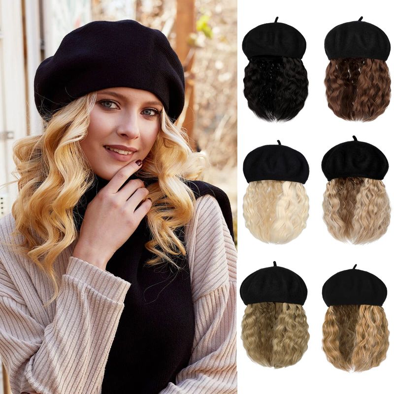 Photo 1 of AynnQueen Beret with Hair Extensions for Women Hat with Kinky Curly Synthetic Wig Attached 8 inch Long Curly Hair Black Beret (Light Brown) Light Brown - Black Beret