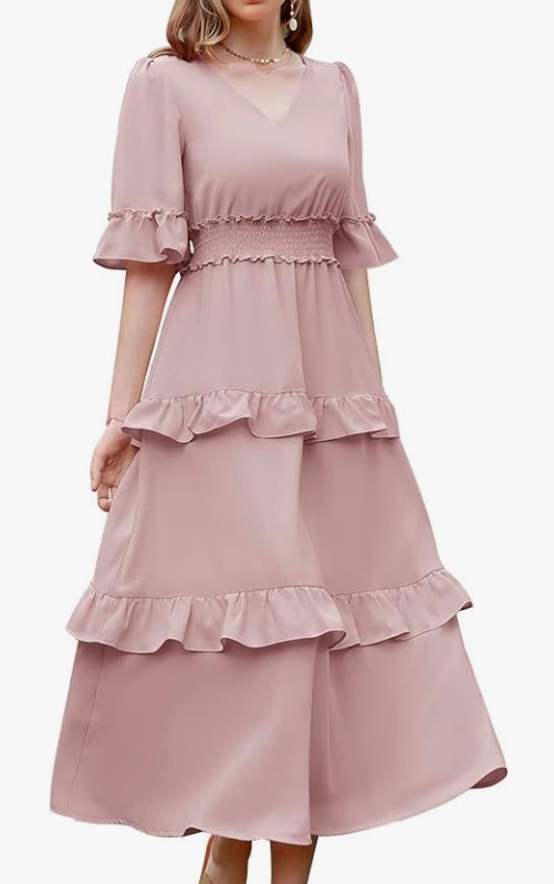 Photo 1 of Aonour Womens 2023 Summer Wedding Casual Flutter Sleeves V Neck Flowy High Waist Tiered Ruffle Midi Dress