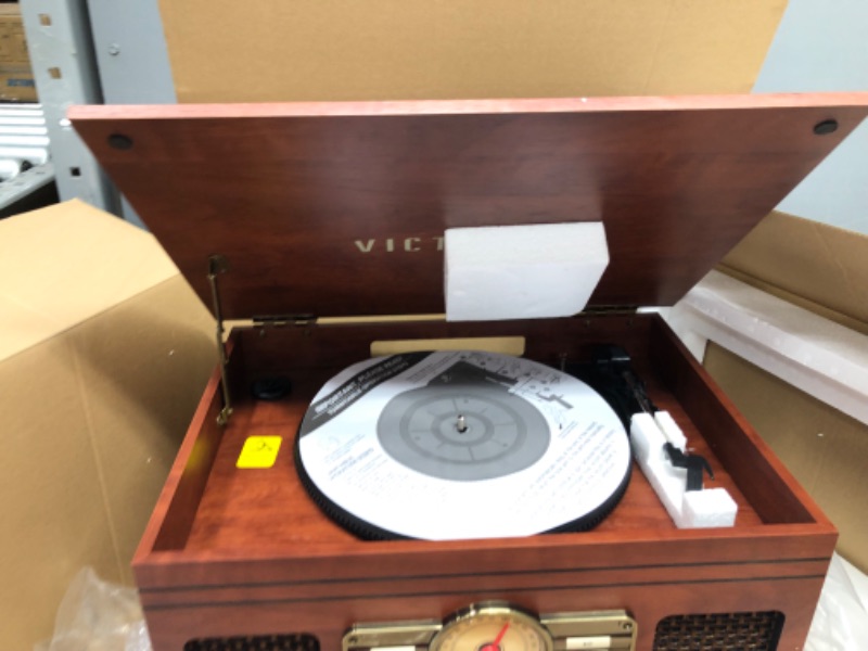 Photo 3 of Victrola Nostalgic 6-in-1 Bluetooth Record Player & Multimedia Center with Built-in Speakers - 3-Speed Turntable, CD & Cassette Player, FM Radio | Wireless Music Streaming | Mahogany Mahogany Entertainment Center