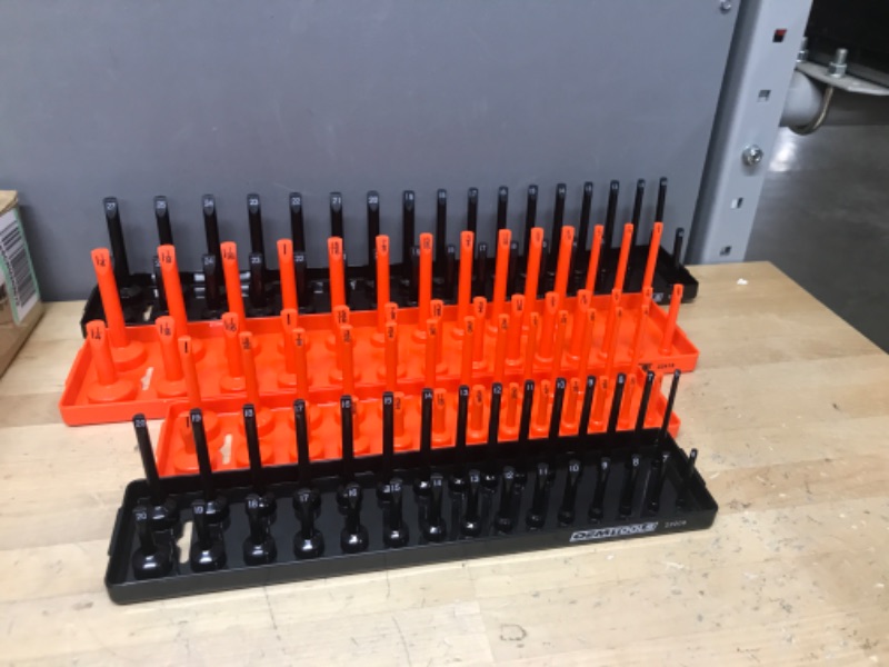 Photo 2 of OEMTOOLS 22418 6 Piece SAE and Metric Socket Tray Set, Orange and Black Socket Rails Organizer Set, 6 Part Portable Socket Holder Set Orange/Black