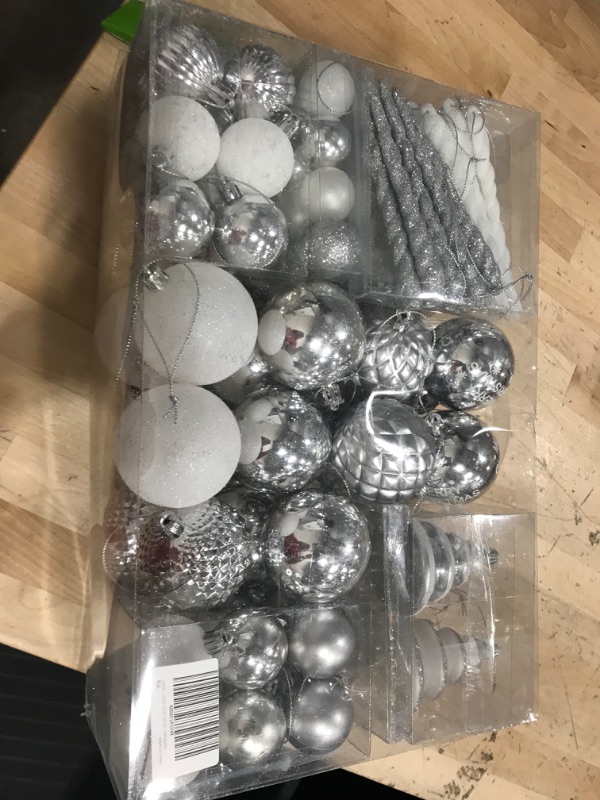 Photo 2 of  Christmas Decorative Ball Ornaments – White and Silver Christmas Ball Hanging Tree Ornament Set Assorted Shapes and Sizes with Hooks - 75 Piece Set
