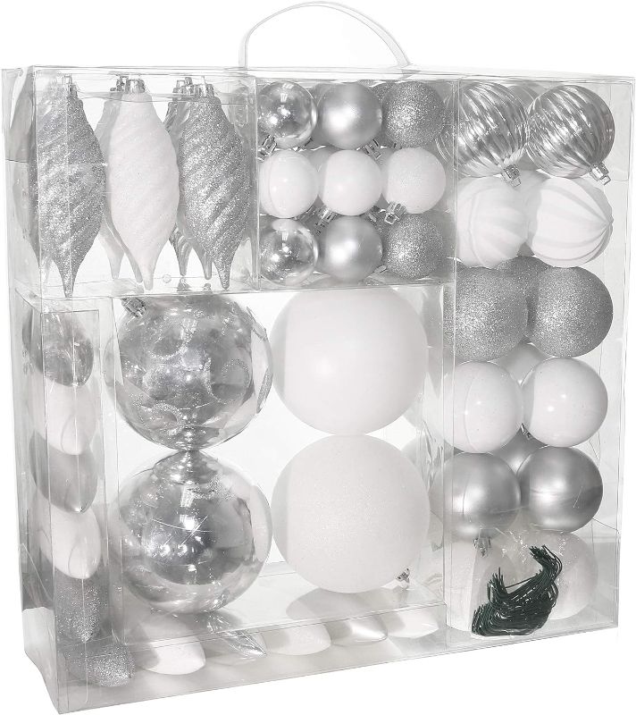 Photo 1 of  Christmas Decorative Ball Ornaments – White and Silver Christmas Ball Hanging Tree Ornament Set Assorted Shapes and Sizes with Hooks - 75 Piece Set
