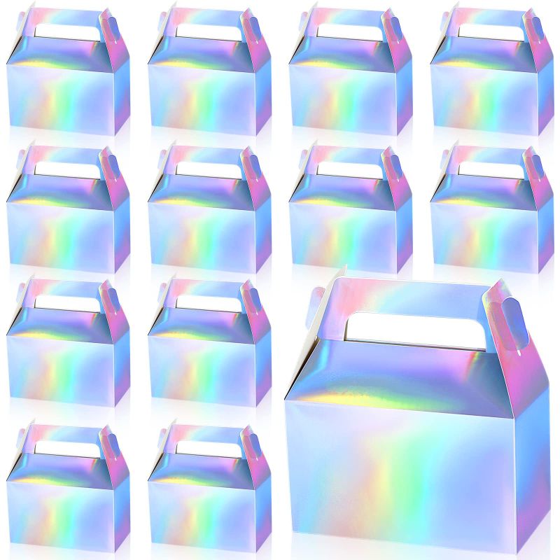 Photo 1 of 100 Pcs Gable Candy Treat Boxes, Party Favor Boxes Small Metallic Goodie Glitter Gift Wrap Boxes with Handle for Kids, Wedding Events, Birthday Party Favors, 4.8 x 2.8 x 2.4 Inch ?Iridescent?