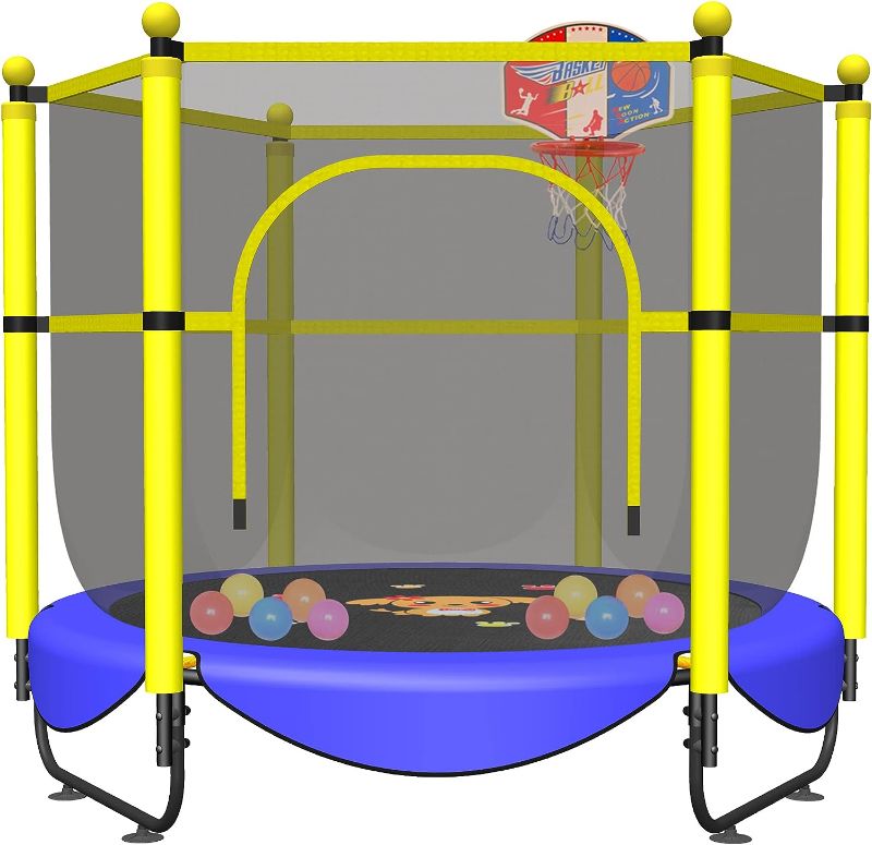 Photo 1 of 60" Trampoline for Kids, 5 FT Indoor & Outdoor Small Toddler Trampoline with Basketball Hoop, Safety Enclosure, Baby Trampoline Toys, Birthday Gifts for Kids, Gifts for Boy and Girl, Age 1-8