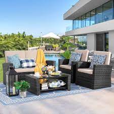 Photo 1 of *INCOMPLETE SET BOX 2 OUT OF 3* Shintenchi 4-Piece Outdoor Patio Furniture Set, Wicker Rattan Sectional Sofa Couch, Black 