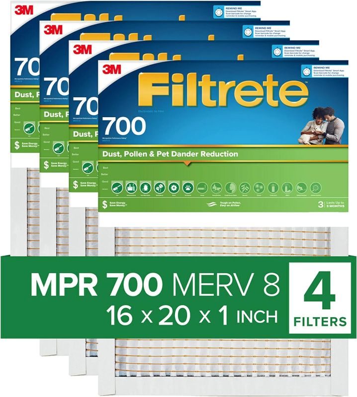 Photo 1 of *Review notes* Filtrete 16x20x1 AC Furnace Air Filter, Merv 8 MPR 700, Dust, Pollen, & Pet Dander, 4-Pack (exact dimensions 19.69x15.69x1.56) 16x20x1 4-Pack