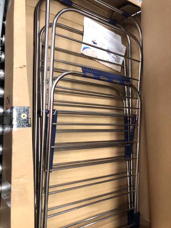 Photo 1 of Luxe Laundry Premium Clothes Drying Rack, Foldable 2-Layer Stainless Steel Drying Rack, Free Standing with Height Adjustable Wings, Stainless Steel, Sock Clips, Towel Rack, Clothes, Blue