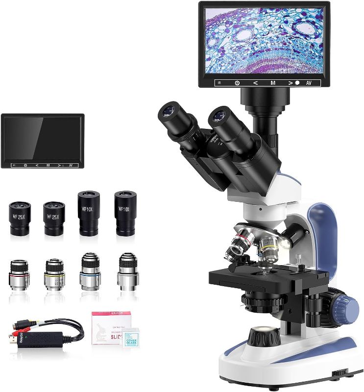 Photo 1 of *PIECE THAT HOLDS SCREEN IS BROKEN**
EDKKIE 40X-2500X Lab Compound Trinocular Microscope Built-in 5MP Camera with 7’’ Screen, Wide-Field 10X and 25X Eyepieces, Dual Illumination System, Double Layer Mechanical Stage
