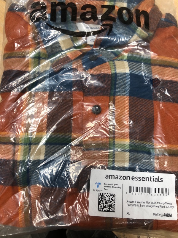 Photo 2 of Amazon Essentials Men's Slim-Fit Long-Sleeve Flannel Shirt X-Large Blue Rust Orange Plaid