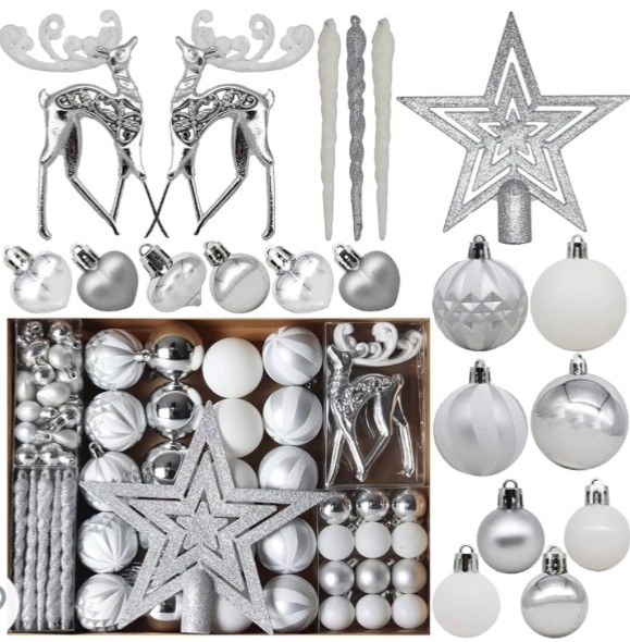 Photo 1 of  White and Silver Christmas Ornaments, 88pcs Shatterproof Christmas Tree Balls Set Plastic Xmas Ornaments Bulk for Holiday Party Wedding Christmas Tree Decorations