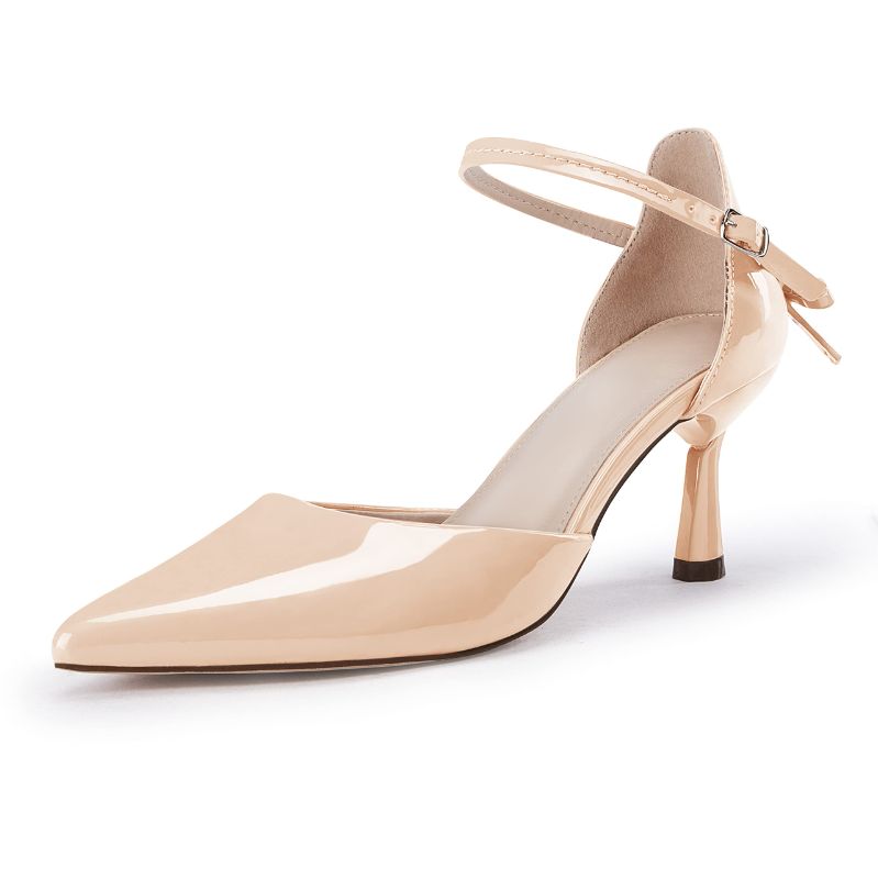 Photo 1 of Coutgo Womens Pointed Toe Heels Pumps Buckle Back Bowknot Ankle Strap Stiletto Work Wedding Dress Shoes 9.5 B-beige