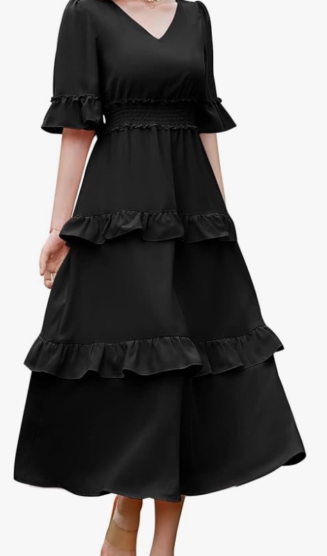 Photo 1 of Aonour Womens 2023 Summer Wedding Casual Flutter Sleeves V Neck Flowy High Waist Tiered Ruffle Midi Dress Medium