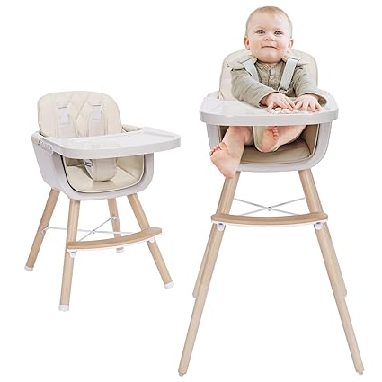 Photo 1 of 3-in-1 Convertible Wooden High Chair,Baby High Chair with Adjustable Legs & Dishwasher Safe Tray, Made of Sleek Hardwood & Premium Leatherette, Cream Color
