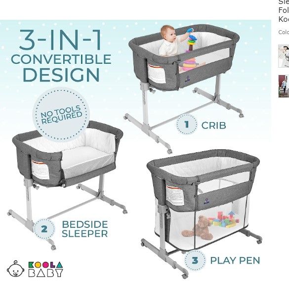 Photo 1 of 3 in 1 Baby Bassinet, Bedside Sleeper, & Playpen, Easy Folding Portable Crib (Grey)- KoolaBaby (Bassinet)
