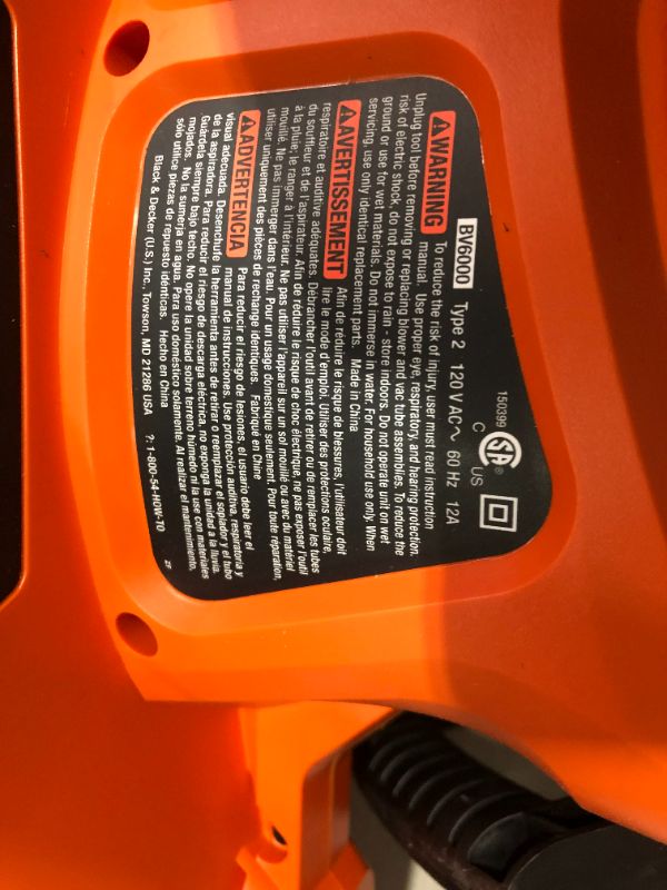 Photo 3 of ***UNTESTED***
BLACK+DECKER Leaf Blower & Leaf Vacuum, 3-in-1, 12-Amp, 250-MPH, 400-CFM (BV6000)