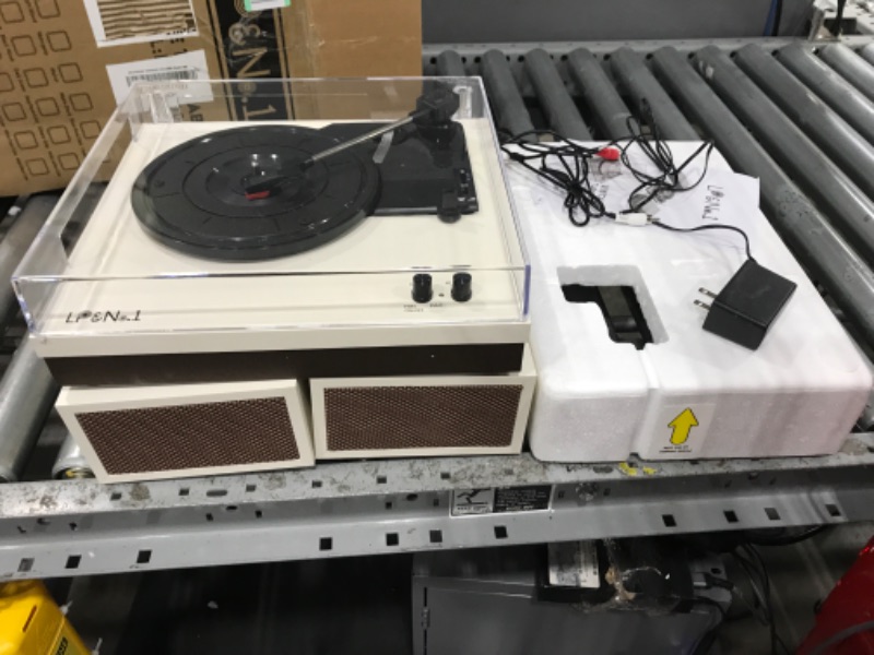 Photo 3 of LP&No.1 Bluetooth Turntable with Stereo Bookshelf Speakers, Retro Record Player with Wireless Playback, 3 Speed Belt-Drive Vintage Turntable with Auto Off, Milk White