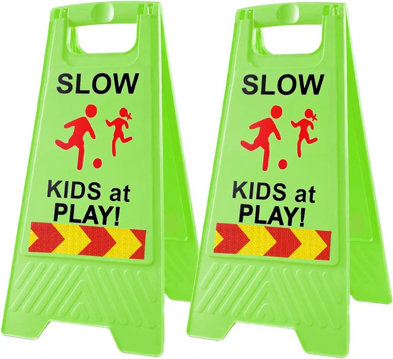 Photo 1 of Slow Kids at Play Signs for Street, Double-Sided Text and Graphics with Reflective Tape, Children at Play Safety Sign for Neighborhoods Schools Park Sidewalk Driveway (3-Pack Green) Green 2-Pack