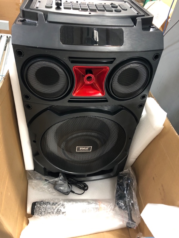 Photo 2 of Portable Bluetooth PA Speaker System - 800W 10” Rechargeable Speaker, TWS, Party Light, LED Display, FM/AUX/MP3/USB/SD, Wheels - Wireless Mic, Remote Control, Tablet Holder Included - Pyle PHP210DJT Speaker System 800W