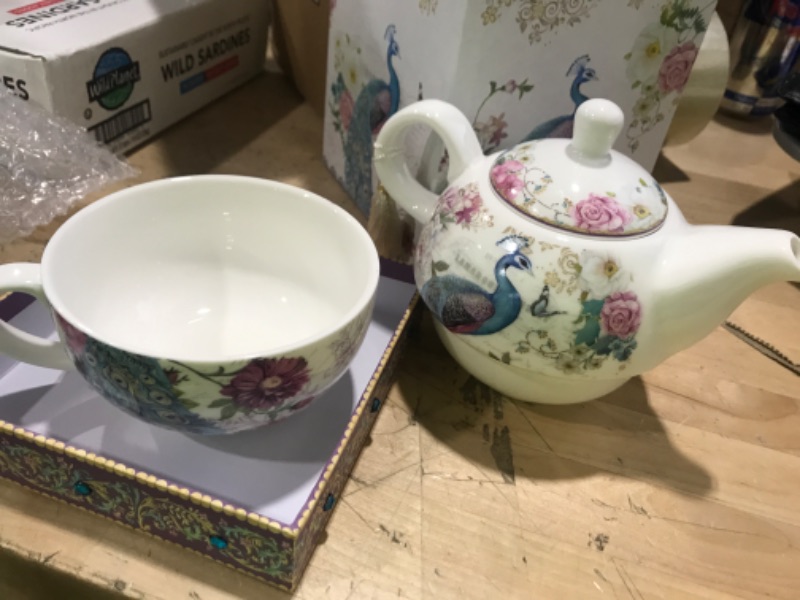 Photo 1 of Bits and Pieces - Tea For One Peacock Porcelain Teapot and Cup Set - Elegant Peacock Design With Delicate Tassel on Teapot Handle Makes Great Decoration - Includes Decorative Gift Box
