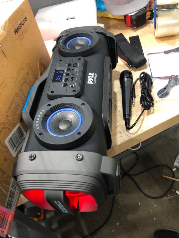 Photo 2 of Wireless Portable Bluetooth Boombox Speaker - 800W Rechargeable Boom Box Speaker Portable Barrel Loud Stereo System with AUX Input, USB, 1/4" in, Fm Radio, 4" Subwoofer, DJ Lights - Pyle PBMSPG148