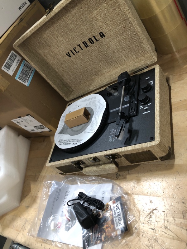 Photo 2 of Victrola Journey+ Signature Turntable Record Player - 33-1/3, 45 & 78 RPM Suitcase Vinyl Record Player, Bluetooth Connectivity & Built-in Speakers, Stereo RCA Output, Linen Finish, Cream