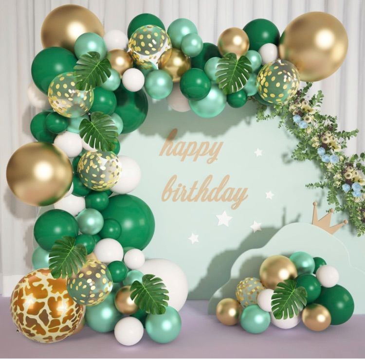 Photo 1 of 2 pack - Jungle Safari Party Balloons Garland Arch Kit, 22"18"12" Green Gold Confetti Balloons Tropical Palm Leaves for Animal Wedding Birthday Party Wild One Safari Baby Shower for Boys Girls Supplies