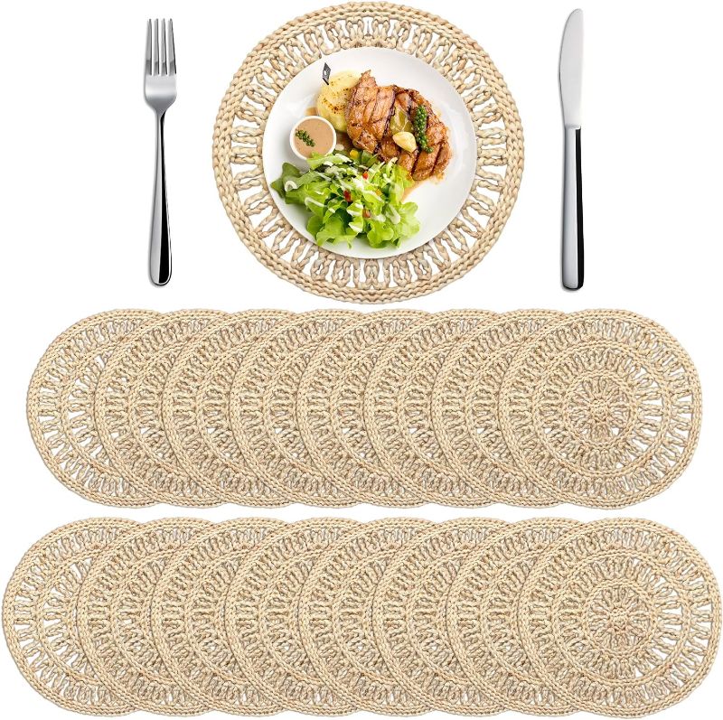 Photo 1 of 16 Pcs 15 Inch Round Woven Placemats Large Boho Rattan Chargers Natural Corn Husk Wicker Mats Rustic Braided Tablemats for Holiday Wedding Thanksgiving Christmas Home Dining Table Mat Kitchen
